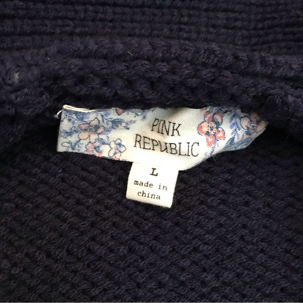 Pink Republic Knit Cardigan Sweater Size L Dark Blue White Pockets FLAW - Picture 4 of 10